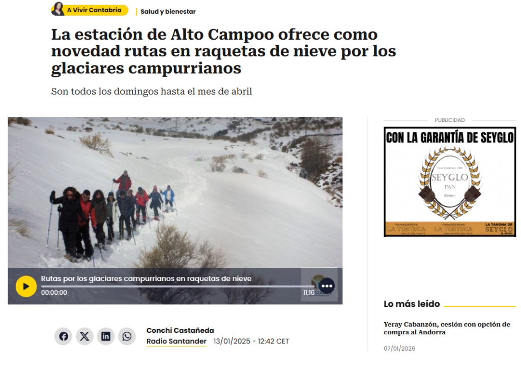 Entrevista en cadena ser Cantabria estación de Alto Campoo ofrece como novedad rutas en raquetas de nieve